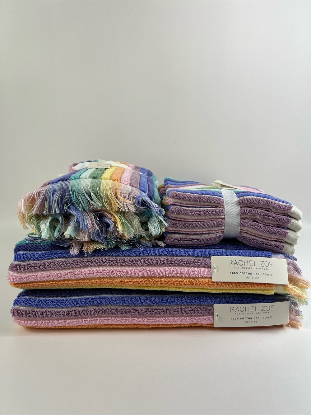 Rachel Zoe Bath Towels Rainbow Pastel Striped with Fringe Cotton 8 Pc Set NEW